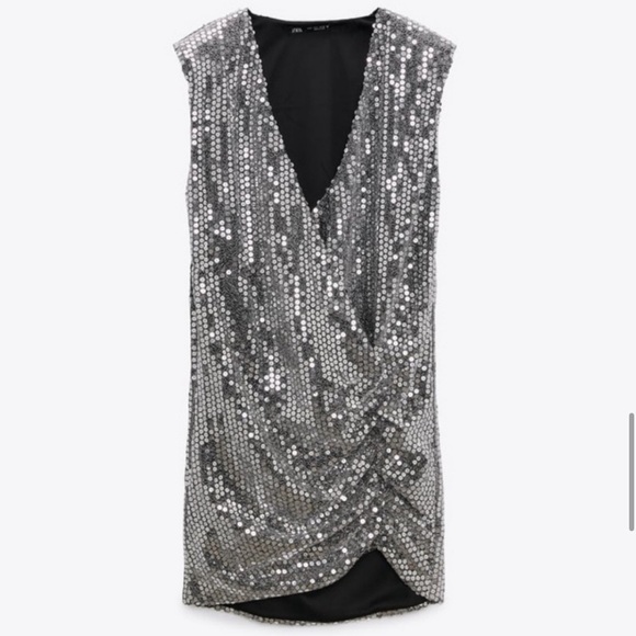 NWT ZARA Draped Silver Sequin Dress (Size Medium, P2P 19 in.) - Picture 4 of 8